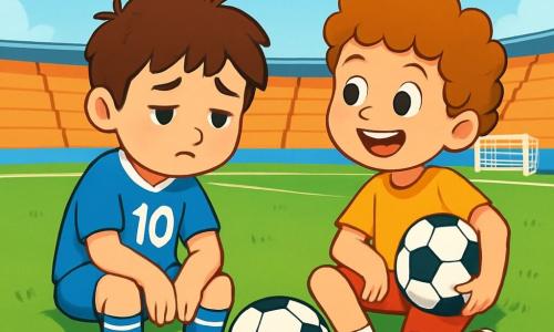 Un uomo, Tommaso, è seduto sul bordo del campo da calcio, con un'espressione pensierosa e un po' triste, con i capelli castani in disordine e una maglietta blu con il numero 10. Guarda a terra, con le mani sulle ginocchia, mentre un pallone da calcio è posato ai suoi piedi. Accanto a lui, un ragazzo di 8 anni, Leo, con capelli ricci e un grande sorriso, tiene un pallone sotto il braccio, pieno di energia ed entusiasmo. Leo è seduto sull'erba verde, leggermente inclinato verso Tommaso, con un'espressione curiosa e gioiosa. Il campo da calcio è circondato da tribune vuote, con linee bianche ben tracciate sul prato, e il cielo è di un blu brillante, punteggiato da alcune nuvole bianche. La scena principale mostra Tommaso, un po' abbattuto dopo una sconfitta, mentre Leo, pieno di vita, gli fa domande sul calcio, portando un tocco di ottimismo e amicizia.