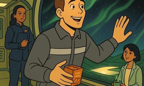 A man (Jace Moran) stands at a large curved observation window on the Verdance habitat ring, relieved and amazed, relaxed brow, bright eyes, short brown hair, gray technician uniform with reflective stripes, one hand on the glass and the other holding a small box of dried mango; a woman (Imani Reyes) stands back to the left, upright and confident, hair tied, navy commander uniform with a tablet under her arm, watching him protectively; another woman (Priya Chen) sits nearby on a bench, smiling with short hair, casual scientist attire, holding a mint tea cup and looking toward the inner valley; the observation gallery has thick tinted windows, green-cream metallic walls, soft lighting, visible panels and cables, and beyond the glass the blackness of space and a pale Sun on the horizon; the scene depicts the calm after a solar storm: warm interior light, faint dawn-colored drizzle on the glass (pale green and violet) from deflected particles, and an atmosphere of relief and gratitude.