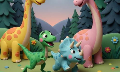 Vicky, a small velociraptor with a brave, joyful expression, large bright eyes and textured vivid green scales, runs at the front as if tracking someone; Timmy the triceratops, round and clever with short beige horns and light blue spotted skin, trots behind smiling and looking around; Bella the brachiosaur, with a long powder-pink neck and smooth, softly spotted skin, leans in from the right protectively; Gary the Giraffatitan, tall and gentle with a yellow neck speckled orange and reassuring eyes, stands left relieved, looking at his friends; they traverse a grassy valley at dusk with rounded hills, colorful clay-like flowers, thick trees and dark forest silhouettes, and a soft round moon above, approaching a warm, supportive group of dinosaurs singing under the moon, dynamic movement, bright colors, simple shapes and clay-like textures.