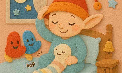 Zef, piccolo essere dalle lunghe orecchie e grande cappello a campana, viso rotondo, occhi socchiusi e sorriso dolce, è seduto su un letto morbido mentre si toglie delicatamente il cappello che tintinna; a sinistra due pantofole animate, piccole e paffute, colori vivaci, occhi rotondi felici, saltellano "hop hop"; a destra un calzino trasformato in lumaca, arrotolato e soffice, crema con righe pastello, scivola lentamente sul ventre di Zef facendo "sci-sci"; tavolino di legno chiaro con mini campanella metallica, luna rotonda alla finestra, tendina in tessuto goffrato e stelle di feltro sul muro; camera accogliente con texture di feltro visibili (cuciture apparenti, bordi ritagliati, superfici pelose), palette pastello calda; scena calma e giocosa al momento della nanna, personaggi vicini, composizione centrata, sagome semplici, atmosfera tenera e silenziosa; stile illustrativo tattile in feltro, forme arrotondate, contorni netti, luce morbida, vista leggermente dall'alto, formato quadrato.