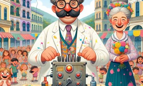 Don Manuel, un hombre de mediana edad con gafas redondas y un bigote en forma de cepillo, está en el centro de la imagen, sonriendo con entusiasmo mientras presenta su máquina de reír. Lleva una bata de laboratorio colorida, llena de manchas de pintura, y está rodeado de diversas herramientas y piezas de metal. A su derecha, Doña Clara, una mujer de unos cincuenta años con cabello canoso recogido en un moño, sostiene un ramo de flores coloridas y sonríe, animando a Don Manuel. Lleva un vestido floral y se encuentra cerca de una mesa decorada con flores, añadiendo un toque de alegría a la escena. La escena tiene lugar en una plaza animada, rodeada de edificios de fachadas coloridas, con niños y adultos reunidos alrededor de Don Manuel, todos riendo y aplaudiendo. Globos flotan en el cielo azul, y guirnaldas de flores decoran el espacio. La situación principal muestra a Don Manuel presionando el gran botón rojo de su máquina de reír, mientras pétalos de flores vuelan por los aires, provocando risas entre la multitud maravillada.