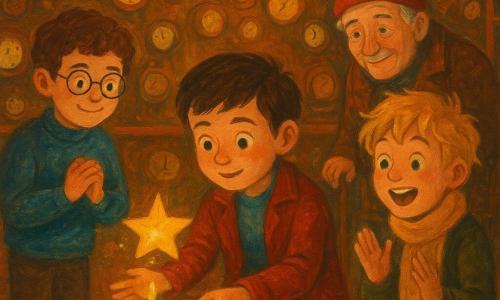 Há quatro personagens: Tomás (11 anos) de cabelos castanhos curtos, olhos curiosos e casaco vermelho gasto, agachado no centro a estender uma pequena estrela de papel para uma caixa verde sobre a mesa; Rafa (11 anos) de cabelos castanhos encaracolados e óculos redondos, à esquerda de Tomás, mãos juntas e sorriso tímido; Leo (10 anos) de cabelos loiros despenteados e lenço amarelo, à direita, em pé, boquiaberto e pronto para aplaudir; Alfredo, homem de cerca de 60 anos, cabelo grisalho, gorro vermelho e casaco marrom com bengala ao lado, ao fundo observando com benevolência. Lugar: uma grande sala redonda cheia de relógios sem ponteiros em prateleiras de madeira antigas, iluminação dourada suave e chão de parquet com pequenas estrelas luminosas. Cena principal: a caixa presente verde brilha com uma estrela animada e recua brincando; Tomás oferece respeitosamente uma estrela de papel, a caixa se acalma e salta suavemente para ele, criando uma atmosfera natalina mágica em tons quentes de vermelho, verde e dourado.