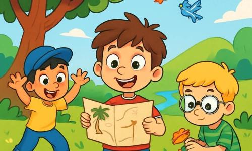 Há 3 personagens: - Miguel: Um garoto de 8 anos, com cabelos castanhos bagunçados e olhos brilhantes. Ele usa uma camiseta vermelha e um short azul, está no centro, sorrindo, com um mapa na mão, pronto para liderar a aventura. - João: Um garoto de 7 anos, com cabelos loiros e óculos redondos. Ele veste uma camisa listrada verde e uma calça bege, está um pouco afastado, pegando folhas espalhadas ao seu redor, com um ar curioso. - Pedro: Um garoto de 8 anos, com cabelos pretos e um boné azul. Ele usa uma camiseta amarela e jeans, está à esquerda de Miguel, fazendo de conta que é um monstro, com um grande sorriso e os braços abertos. O cenário é um parque ensolarado, cheio de grandes árvores com folhas verdes brilhantes, flores coloridas e uma colina suave. Ao longe, vê-se um pequeno riacho brilhando sob o sol e pássaros voando alegremente no céu azul. A cena principal mostra os três amigos em plena aventura, rindo e brincando ao redor da grande árvore, com um mapa desenhado à mão, prontos para descobrir um tesouro escondido. Eles estão cercados por pedras e flores, e a atmosfera é alegre e cheia de vida.