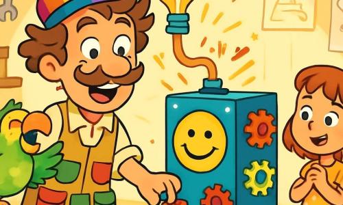 Um homem alegre, o Sr. Bigodes, com cabelos desgrenhados e um bigode enrolado, usa um chapéu colorido e um avental cheio de bolsos. Ele sorri com olhos brilhantes de excitação, em pé diante de sua máquina maluca. Ao lado dele, um papagaio colorido chamado Zuca, com penas verdes e amarelas, bate as asas rindo, acrescentando um toque de alegria à cena. Ao fundo, uma menina de 7 anos, vestindo um vestido amarelo com bolinhas, espera ansiosamente sua vez, com os olhos brilhando de curiosidade. O local é uma oficina iluminada, cheia de caixas de madeira, ferramentas brilhantes e desenhos pendurados nas paredes, onde se podem ver esboços de várias invenções. No centro, a máquina de sorrisos, uma grande caixa azul com molas coloridas e luzes cintilantes, está pronta para fazer sua mágica. A situação principal mostra o Sr. Bigodes pressionando um botão vermelho, desencadeando risadas e pulos de alegria, enquanto Zuca e a menina se preparam para uma experiência hilária e cheia de surpresas.