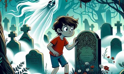 Um garoto de 8 anos, Lucas, com cabelos castanhos bagunçados e olhos arregalados de curiosidade, está em frente a uma velha sepultura em um cemitério. Ele usa uma camiseta vermelha e um short azul, com as mãos levemente sujas de terra, resultado de sua exploração. Ao seu lado, uma sombra misteriosa assume a forma de um homem idoso, seu avô, com cabelos grisalhos e um sorriso gentil, vestido com uma longa túnica branca flutuante, como um espírito protetor. O cemitério está envolto em uma leve névoa, com árvores tortuosas e lápides antigas cobertas de musgo, criando uma atmosfera mágica e levemente inquietante. Flores murchas e folhas secas cobrem o chão, adicionando um toque de melancolia à cena. Lucas, com o coração acelerado, se inclina para limpar a sepultura de seu avô, descobrindo uma inscrição misteriosa, enquanto a sombra benevolente o observa com ternura, pronta para revelar segredos do passado.