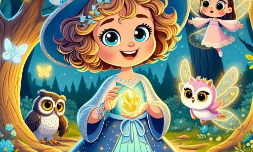 Amelia Twinkletoe, an eight-year-old apprentice witch, stands in the center of an enchanted clearing, her face lit with wonder. She wears a blue dress adorned with silver stars and a small pointed hat, her curly hair gently floating in the wind. In her hands, she holds the shining Crystal of Luminara, emitting a golden light that illuminates her joyful and determined face. Beside her, Oscar, a wise owl with shimmering feathers, observes proudly from a tree branch, his large round eyes shining with intelligence, ready to offer advice. Pippa, a small fairy with sparkling wings, flits around Amelia, her mischievous smile brightening her face. She has pink hair and wears a dress made of flower petals, adding a touch of magic to the scene. The clearing is surrounded by tall trees with gnarled trunks, their shiny leaves dancing in a gentle breeze. Colorful flowers blanket the ground, and fireflies sparkle in the air, creating a fairy-tale atmosphere. The main scene shows Amelia, Oscar, and Pippa celebrating their victory after retrieving the Crystal of Luminara, surrounded by a radiant light symbolizing their friendship and the magic of their adventure.