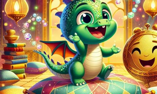 No centro da imagem, um adorável dragão chamado Pipoca, com escamas verdes brilhantes e olhos curiosos, dança alegremente em um grande travesseiro colorido, com um largo sorriso no rosto. Ao seu lado, um velho despertador sorridente chamado Tique-taque, com um corpo dourado e ponteiros que se movem como braços, marca o ritmo com entusiasmo, exibindo uma expressão alegre e travessa. Ao fundo, um ambiente acolhedor, cheio de livros com capas brilhantes, almofadas fofas e luzes suaves, cria uma atmosfera mágica. A cena mostra Pipoca e Tique-taque se divertindo juntos, cercados de almofadas dançantes, enquanto se envolvem em uma dança alegre, cheia de risadas e cores vibrantes.