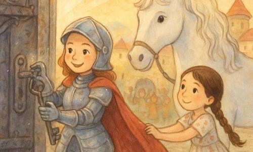 Mira e o cavaleriță curajoasă și zâmbitoare, în armură de oțel lustruit, cu pelerină roșie, ținând o cheie mare de fier și turnând ulei pe balamalele ruginite, privire hotărâtă; Lila e o fetiță de circa 7 ani, păr șaten împletit, rochie simplă cu flori, împinge herseaua lângă Mira de pe piatra curții; Nor e un cal alb masiv, coamă ondulată, trage ușor lanțul cu ceafa, în spatele fetelor; curtea castelului e pavată cu piatră gri, ziduri bej, o herse neagră sculptată se ridică încet, steaguri colorate și case cu acoperiș roșu în fundal; raze de dimineață luminează fețele fericite, săteni aplauzând, atmosferă caldă și triumfătoare; stil: acuarelă blândă, paletă pastel cald, textură de hârtie și accente fine cu stilou gel alb pentru reflexii metalice și stele luminoase.