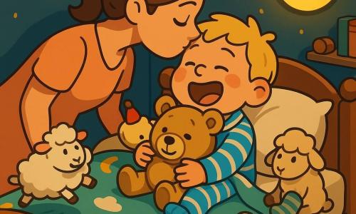 Een mollig 4-jarig blond jongetje in blauw-wit gestreepte pyjama lacht en gaapt in bed terwijl hij een grote beige teddy vasthoudt; zijn wangen zijn roze en zijn ogen half gesloten, naast hem staat zijn moeder van circa 30 met bruin haar en een perzikkleurige jurk die hem een kus op het voorhoofd geeft. Drie pluizige schaapjes springen zacht op het bed: een wit feest-schaapje met rood puntmutsje links op het kussen, een beige sok-schaap met te grote gestreepte sok op de deken rechts, en een lichtgrijs bril-schaapje bij het voeteneind dat toekijkt. De warme slaapkamer heeft een nachtblauwe muur met geschilderde sterren, een maanvormig nachtlampje met zacht geel licht, een kleurrijk deken met bananen en wolken en een houten plank met boeken en wat speelgoed; het bed veert licht mee in de rustige, amusante bedtijdscène.