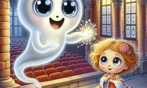 Un pequeño fantasma llamado Gaspar flota alegremente sobre el antiguo teatro, sus contornos translúcidos brillando con una suave luz plateada. Tiene grandes ojos redondos y brillantes, llenos de curiosidad, y una sonrisa cálida que ilumina su rostro etéreo. Sus brazos son delicados y ligeramente ondulados, como volutas de niebla, mientras extiende una mano hacia el Pergamino de Luz, que brilla intensamente en su palma. Cerca de allí, una niña de unos 10 años, con cabello rizado y dorado, observa con asombro. Lleva un vestido colorido adornado con motivos florales, y sus ojos brillan de fascinación. Se encuentra en el umbral del teatro, con los brazos cruzados, cautivada por la magia que se despliega ante ella. El teatro, con sus muros de ladrillo antiguo y grandes ventanas adornadas con vitrales coloridos, está envuelto en un aura mística. Luces centelleantes bailan alrededor del escenario, mientras sombras de bailarines etéreos se mueven graciosamente, creando una atmósfera de ensueño. La escena principal muestra a Gaspar, el fantasma, usando el Pergamino de Luz para revelar la magia oculta del teatro, cautivando a la niña y transformando el lugar en un espectáculo encantador, donde los sueños y la realidad se encuentran.