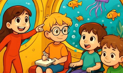 Hay 4 niños: - Lucía: niña de 9 años, con largos cabellos castaños y ojos brillantes. Lleva un traje de baño rojo y está de pie, señalando hacia el exterior del submarino con una gran sonrisa. - Andrés: niño de 10 años, con gafas redondas y cabello rubio despeinado. Está sentado en un banco, sosteniendo un cuaderno y un lápiz, listo para dibujar las maravillas submarinas. - Sofía: niña de 8 años, con cabello corto y un hermoso flequillo. Está en su silla de ruedas, rodeada de burbujas, mirando con asombro a través de la ventana del submarino. - Mateo: niño de 9 años, con cabello castaño y pecas. Está inclinado sobre un libro sobre animales marinos, sentado al lado de Sofía, compartiendo sus descubrimientos. La escena principal tiene lugar en un submarino amarillo brillante, sumergido en un océano turquesa. A través de las grandes ventanas, se pueden ver corales coloridos, peces con escamas brillantes y medusas flotantes que iluminan el agua con un suave y mágico resplandor. Los niños están maravillados, descubriendo un fascinante mundo submarino, listos para vivir una increíble aventura en el corazón del océano.