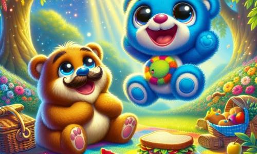 Fuzzle, a small bright blue plush character with round sparkling eyes, is joyfully jumping on a colorful picnic blanket, a big smile on his face. He holds a treasure map in his little paws, overflowing with excitement for Father's Day. Next to him, Papa Fuzzle, an adorable brown plush character with soft fur and funny whiskers, looks at Fuzzle with a warm smile, his eyes shining with pride and happiness. He is sitting on the blanket, ready to enjoy a delicious sandwich. The setting is an enchanting garden filled with colorful flowers dancing in the wind, large trees with bright green leaves, and a gentle ray of sunshine illuminating the scene, creating a joyful and festive atmosphere. The main situation shows Fuzzle and Papa Fuzzle celebrating Father's Day with a surprise picnic, surrounded by laughter and happiness, ready to enjoy treats while sharing precious moments together.