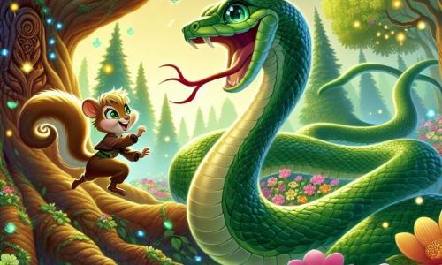 Un șarpe pe nume Serpentin, cu solzi verzi strălucitori și ochi în formă de smarald, se strecoară vesel printre florile colorate ale pădurii, afișând un zâmbet larg de excitație. Lângă el, o veveriță mică pe nume Trixie, cu blană maro auriu și o coadă pufoasă, sare din ramură în ramură, cu ochii strălucind de entuziasm, căutând să-l ajute în căutarea sa. Scena se desfășoară într-o pădure fermecată, unde copacii sunt înalți și măreți, frunzele lor strălucind sub soare, iar florile cântătoare în culori vii înfloresc în jurul lor. În centrul ilustrației, Serpentin și Trixie se îndreaptă spre un copac mare și vechi, de unde o lumină misterioasă emana, anunțând aventura care îi așteaptă.