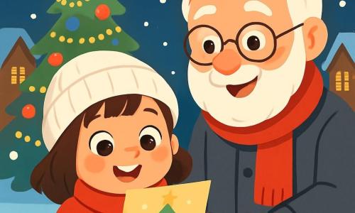 Una bambina di 4 anni, con grandi occhi brillanti e guance rosa, sorride gioiosamente tenendo in mano una cartolina colorata. Indossa un cappotto rosso vivo, un berretto di lana bianco e guanti abbinati, circondata da fiocchi di neve che cadono dolcemente intorno a lei. Accanto a lei, un nonno di circa 70 anni, con barba bianca e occhiali rotondi, sorride affettuosamente. Indossa un cappotto di lana grigio e una sciarpa rossa, tenendo la mano della bambina mentre guarda la cartolina con meraviglia. La scena si svolge in una deliziosa piazza di un villaggio, dove un grande albero di Natale brilla con mille luci e palline colorate. Case di legno con tetti innevati circondano la piazza, e stelle scintillanti illuminano il cielo notturno. La bambina, piena di eccitazione, scopre una cartolina magica che sembra parlarle, mentre il nonno la incoraggia ad ascoltare le storie che contiene. La neve continua a cadere, creando un'atmosfera dolce e incantata, piena di gioia e calore.