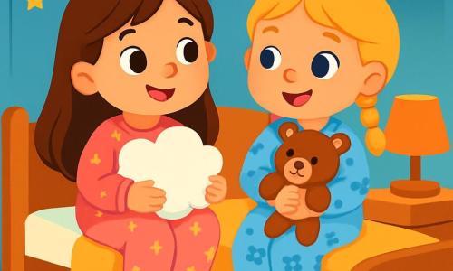 Ci sono 2 personaggi principali: Anna, una bambina di 5 anni con lunghi capelli castani e occhi scintillanti, indossa un pigiama rosa con stelle e si siede sul letto tenendo un cuscino a forma di nuvola; e Sara, una bambina di 5 anni con capelli biondi intrecciati e occhi blu, indossa un pigiama blu con orsetti e si trova accanto ad Anna stringendo un orsetto di peluche. La scena si svolge in una cameretta accogliente, con pareti azzurre, stelle brillanti attaccate al soffitto e una lampada soffusa che illumina la stanza creando un'atmosfera rassicurante. Anna e Sara, sedute sul letto, parlano della loro paura del buio, si scambiano sorrisi confortanti mentre la luce crea ombre morbide sui muri, e l'orsetto di Sara è ben visibile, aggiungendo tenerezza alla scena.