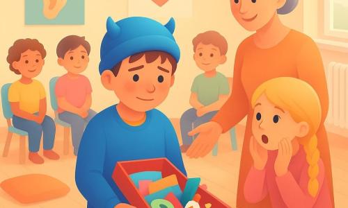Bambino di 8 anni (Nino) con berretto blu e due piccole corna quasi nascoste, volto arrossato e sollevato, postura timida ma dritta, tiene una scatola rossa aperta verso il basso; donna adulta (signora Elena) ~40 anni, capelli grigio platino raccolti, sorriso dolce, mani aperte in ascolto, accanto a Nino; bambino curioso (Luca) capelli castani spettinati, occhi vivaci, braccia incrociate e sorriso stupito, leggermente a sinistra; ragazza sorpresa (Marta) treccia bionda, bocca socchiusa e mani vicino al viso, china verso la scatola a destra; gruppo di bambini seduti in cerchio sullo sfondo con espressioni di interesse e divertimento, sedie di legno color pastello; aula di catechismo calda con pavimento in parquet chiaro, poster 