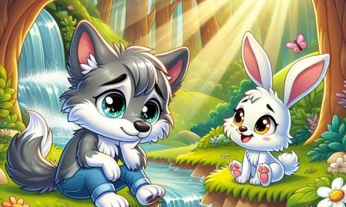 An illustration depicts a young wolf with soft gray fur and bright eyes, sitting by a stream. He has a melancholic yet determined expression, gazing at the sparkling water while reflecting on his emotions. Next to him, a small rabbit with large ears and white fur sits cross-legged, wearing an encouraging smile. She appears joyful and friendly, ready to comfort her friend. The main setting is a lush forest bathed in golden light, with majestic trees and a gently flowing stream, creating a peaceful and comforting atmosphere. The scene shows the young wolf sharing his feelings with his best friend, the rabbit, symbolizing the importance of friendship and communication during tough times. Additional graphic elements include colorful flowers around them, butterflies fluttering in the air, and sunlight filtering through the branches, creating a warm and reassuring ambiance.