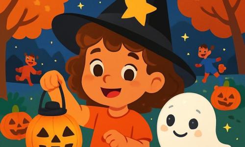 A 6-year-old girl named Lila, with curly brown hair and sparkling curious eyes, wears a black paper witch hat adorned with a golden star. She smiles in wonder, holding a small pumpkin-shaped lantern that lights up her joyful face. Beside her is a little ghost named Pip, floating and fluffy like a cloud, with round shiny eyes and a shy smile. He is surrounded by a subtle shimmering glow, showing he feels braver. The setting is a Halloween park, with trees adorned in orange and golden leaves, grinning pumpkins on lawns, and twinkling stars in a deep night sky. Children in colorful costumes run in the background, laughing and playing, adding to the festive atmosphere. The scene captures Lila and Pip sharing a magical moment, laughing together amidst Halloween decorations and scattered candies, creating a joyful and friendly ambiance.