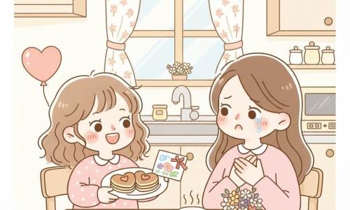 Osiemletnia dziewczynka, radosna i dumna, z jasnobrązowymi rozczochranymi włosami i rumianymi policzkami, trzyma talerz pancakes w kształcie serca i kolorowy rysunek; naprzeciwko przy stole siedzi ok. 35-letnia mama, czuła i wzruszona, z długimi brązowymi włosami, z ręką na piersi, kuchnia jest mała i przytulna z kremowymi ścianami, złotym porannym światłem przez firankę w kwiaty, jasnym drewnianym stołem, parującą herbatą i bukietem polnych kwiatów w słoiku; scena ukazuje dziewczynkę wręczającą talerz i rysunek matce, obie blisko siebie, spojrzenia spotykają się, intymna, jasna atmosfera w pastelowych kolorach z zaokrąglonymi formami i uroczymi detalami (balon w kształcie serca, mała kokardka na rysunku).