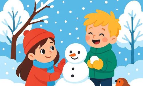 There are 2 main characters: Mia, a 6-year-old girl with long brown hair, wearing a small red hat and a blue scarf. She is touching a snow-covered branch, her eyes shining with curiosity. Ben, a 6-year-old boy with messy blonde hair, is dressed in a green jacket and yellow gloves. He is next to Mia, laughing joyfully while holding a small snowball in his hand. The main setting is a peaceful garden covered with a thick layer of sparkling snow under the winter sun. Trees with snow-laden branches line the garden, and a clear blue sky stretches above, dotted with a few fluffy white clouds. The main situation shows Mia and Ben playing together in the snow, building a small snowman on a rock, surrounded by gently falling snowflakes, while a little robin watches them curiously.