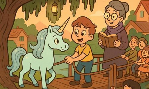 Pebble, a happy, attentive unicorn with pale pearly blue coat, wavy silver mane that glimmers like moonthreads and a short glowing horn, sniffs the air and places a protective hoof by an old willow; Milo, a round-faced, wide-eyed 10-year-old boy with tousled chestnut hair, stands beside her holding a rescue rope and touching the willow root; Lira, a ~45-year-old librarian with round glasses, a purple scarf and a gentle smile, stands on a wooden footbridge behind Milo holding a small open ancient book and giving instructions; neighbors of all ages, warm and smiling, pull ropes in a line along the bridge while some children offer colorful ribbons to the willow; the scene is set on an old wooden bridge over a wide river meander with hanging lanterns, colorful shuttered houses, a large drooping willow whose branches touch the water, green moss on stones and a peach-toned dusk sky as the community unites to support and lift a heavy willow branch in a cooperative, softly lit moment of solidarity.