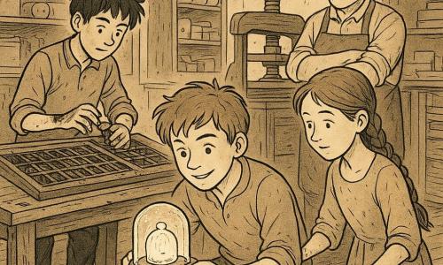 Milo, a 12-year-old boy with a round face and messy light brown hair, smiles nervously but determined as he holds a small glass-domed device emitting a soft glow; he kneels under a wooden workbench, focused. Jasper, about 12, with untidy black hair and ink-stained hands, stands to Milo’s left sorting metal type. Lark, about 13, with a tight braid and curious gaze, stands to Milo’s right hesitating to turn the device, wearing a simple ink-stained dress. Master Pritchard, a mature man with broad shoulders and a stained apron, watches from near a large wooden press in the background. The old workshop has plank floors, shelves of paper and boxes, a central screw press, ink splatters and stacked printed sheets, dim light from a skylight. The scene captures the tense moment Milo retrieves the time device while Lark hesitates and Jasper helps restore the type — ink-covered hands, reversed metal letters, and the glowing dome reflecting on wood and ink. Style: fine ink lines, strong contrasts, detailed wood and ink textures, readable emotional expressions, clear child-friendly composition.