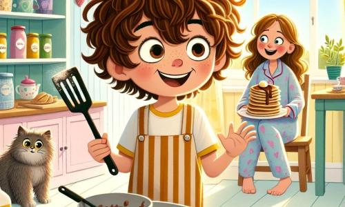 An 8-year-old boy, Timmy, with curly golden hair and sparkling eyes, stands in a sunny kitchen surrounded by flour and chocolate, smiling broadly. He is preparing a surprise breakfast for his mom, holding a spatula in one hand and a stack of golden pancakes in the other. His mom, a woman in her thirties with wavy brown hair, sits in a chair, eyes wide with surprise and happiness as she discovers the breakfast he has made. She wears a colorful pajamas and a radiant smile, ready to enjoy the pancakes. The kitchen is bright and welcoming, with sunlight streaming through the windows, illuminating the pastel yellow walls and shelves filled with jars of jam and colorful mugs. A gray cat, Whiskers, sits on the floor, looking curious with a little flour on his nose. The scene shows Timmy, proud and excited, presenting his surprise breakfast to his mom, creating a magical moment filled with love and joy for Mother's Day.