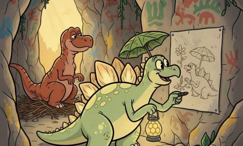 Un stegosaur vesel și inventiv, cu plăci dorsale ca niște ferestre strălucitoare, piele verde pal cu pete crem, ținând o lampă mică din fagure fosil și desenând la cărbune pe un perete de piatră, iar lângă el stă un allosaur calm, mai mare, musculos, brun-roșcat, cu o cicatrice veche la laba din față, care îl privește liniștit; scena are loc într-o mare „Peșteră Pictată” cu pereți de piatră rugoasă acoperiți de picturi rupestre roșii, verzi și albastre, licheni aurii sclipind și raze de lumină filtrând printr-o intrare îngustă, în timp ce cei doi, adăpostiți și înconjurați de căldură și lumină, împărtășesc un moment de complicitate: stegosaurul desenează un mic tablou cu ei doi și o floare între ei.