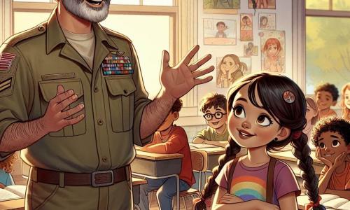 Un hombre de mediana edad, con cabello canoso y una expresión cálida en el rostro, está de pie frente a una clase de niños. Lleva un uniforme militar, ligeramente desgastado, que evoca su pasado como soldado. Sonríe mientras cuenta una historia, gesticulando con pasión para captar la atención de los niños. A su lado, una niña de 10 años, con trenzas y ojos brillantes, levanta la mano con curiosidad, lista para hacer una pregunta. Ella lleva una camiseta colorida y jeans, y está de pie sobre una silla para ver mejor. Detrás de ellos, un niño de 9 años, con gafas y una sonrisa tímida, escucha atentamente, sentado en su escritorio, rodeado de compañeros que comparten su entusiasmo. La escena tiene lugar en un aula luminosa, con paredes decoradas con dibujos de niños sobre la paz, ventanas que dejan entrar la luz del sol y pupitres de madera bien organizados. La situación principal muestra al hombre compartiendo historias de su pasado militar con los niños, que están cautivados y comprometidos, ilustrando la importancia de la paz y la comprensión entre las personas.