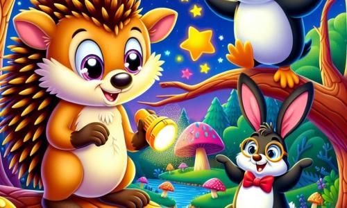 A hedgehog named Prickly Pine, with brown and golden spikes, sparkling curious eyes, and a wide smile, stands atop a branch of a tree, holding a small flashlight. Next to him, a kangaroo named Jellybean, with large ears and beige fur, joyfully hops, eyes filled with stars, ready to assist him on his adventure. A penguin named Inspector Flippers, wearing a red bow tie and glasses, slides on the ground below, looking determined yet a bit clumsy. The setting is an enchanted forest filled with colorful tree trunks, bright flowers, and dancing mushrooms, under a starry sky where the moon shines brightly. The main scene shows Prickly Pine and his friends discovering a trail of multicolored sprinkles leading them to a mysterious nighttime adventure full of laughter and surprises.