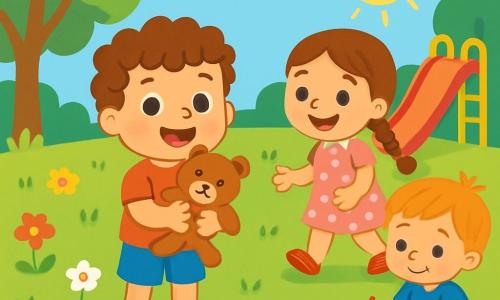 Een jongetje van 2 jaar, met krullend haar en nieuwsgierige ogen, houdt een zachte knuffel in zijn armen. Hij glimlacht enthousiast, staande in het midden van een zonnig park. Naast hem komt een meisje van 3 jaar, met lange vlechten en een roze stippenjurk, met een grote glimlach dichterbij, klaar om te spelen. Een andere jongen van 4 jaar, gekleed in een blauwe t-shirt en een gele short, zit op het gras te tekenen met kleurpotloden. Het park is gevuld met kleurrijke bloemen, groene bomen en een grote rode glijbaan die onder de zon glinstert. Het gelach van de kinderen weerklinkt in de vrolijke lucht. In deze scène ontmoet het jongetje zijn nieuwe vrienden, die allemaal enthousiast zijn om samen te spelen en te lachen.