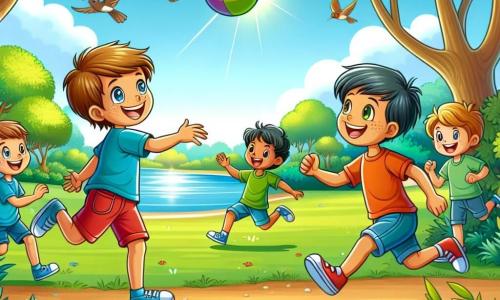 In einem großen sonnigen Park spielen vier Kinder zusammen. Max, ein 8-jähriger Junge mit braunen Haaren und einer Brille, trägt ein blaues T-Shirt und rote Shorts. Er wirft einen bunten Ball zu seinen Freunden. Paul, ein 7-jähriger Junge mit blonden Haaren und Sommersprossen, trägt ein grünes T-Shirt und Jeans. Er lacht, während er auf den Ball zuläuft. Leo, ein 9-jähriger Junge mit schwarzen Haaren und dunkler Haut, trägt ein oranges T-Shirt und blaue Shorts. Er springt, um den Ball zu fangen. Schließlich trägt Sam, ein 8-jähriger Junge mit kastanienbraunen Haaren und heller Haut, ein großes rotes Oberteil und abgetragene Schuhe. Er lächelt fröhlich, während er seine neuen Freunde ansieht. Der Park ist grün, mit großen Bäumen und bunten Blumen, die im Wind tanzen. In der Ferne spiegelt ein kleiner See den blauen Himmel wider, während Vögel in den Ästen singen. Die Hauptsituation zeigt die Kinder, die zusammen spielen, lachen und Spaß haben, was die Schönheit von Freundschaft und Toleranz unabhängig von ihren Unterschieden illustriert.