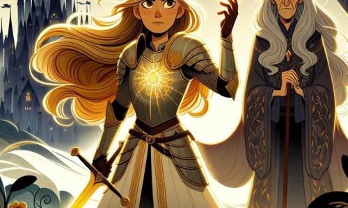 In the center of the image, Seraphina, a young knight around 25 years old, stands proudly, her shining armor reflecting the golden morning light. Her long blonde hair flows in the wind, and her face shows a mix of determination and courage. She wields a sparkling sword, ready to face the darkness, while a glowing amulet shines around her neck. Next to her, Elda, a mysterious old woman about 70 years old, is dressed in robes woven from leaves and flowers. Her eyes sparkle with deep wisdom as she raises a hand, seemingly guiding Seraphina. She stands slightly back, observing the scene with a benevolent smile. In the background, the Lord of Shadows' castle looms dark and threatening, with spire-like towers piercing a cloudy sky. Shadows swirl around the walls, creating an atmosphere of mystery and danger. The main focus shows Seraphina, ready to enter the castle, her sword raised and her gaze fixed on the darkness ahead. The light from the amulet illuminates her path, symbolizing hope and courage in the face of adversity.