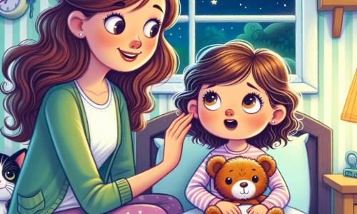 Una bambina di 4 anni, con grandi occhi brillanti e capelli castani ricci, è sdraiata nel suo letto. Ha un'espressione sia curiosa che leggermente preoccupata, stringendo il suo orsacchiotto. Accanto a lei, la mamma, una donna dolce di circa 30 anni con capelli lunghi e lisci, è seduta sul bordo del letto, sorridendole calorosamente mentre le tiene la mano. La stanza è decorata con muri pastello, con stelle e nuvole dipinte, e una dolce luce notturna illumina la stanza. Un piccolo gatto nero, Micio, è seduto sul tappeto, con occhi brillanti, pronto a giocare. La scena principale mostra la bambina che ascolta attentamente i rumori della notte, con orecchie attente e un leggero sorriso che inizia a comparire sul suo viso. La mamma le spiega con calma da dove provengono questi rumori misteriosi, creando un'atmosfera rassicurante e calorosa.
