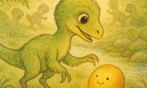 Mały welociraptor o imieniu Piórko, z ciekawym i radosnym wyrazem twarzy, dużymi błyszczącymi oczami i miękkim piórom pistacjowozielonym ze słabymi żółtymi refleksami, wyciąga łapę ku świecącemu kamyczkowi Iskierka — gładki przeźroczysto-bursztynowy otoczak z drobnymi złotymi iskierkami, siedzący przy brzegu strumienia i emitujący ciepłe światło jak uśmiech; w tle, nieostre przyjazne sylwetki innych dinozaurów bawiących się, a całość rozgrywa się w polanie nad migoczącym strumieniem między dużymi paprociami, mchem na kamieniach i falującą wysoką trawą przy niskim złotym słońcu — ciepła, łagodna, skupiona na magicznym kontakcie łapy i kamienia.