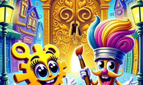 Clinky, a small anthropomorphic key with arms and legs, shines with excitement, his sparkling eyes and big smile. He stands in front of a huge golden door, his tiny hands reaching for the lock, ready to open it. Next to him, Bristle, a paintbrush with a curled mustache and a painter's hat, wears a cheerful expression, his colorful bristles dancing in the wind as he gestures enthusiastically. The setting is a lively alley in Sprocketsville, lined with colorful houses and flower-shaped lampposts under a bright blue sky. The scene is filled with quirky details, like clocks spinning backward and smiling clouds floating above. Clinky and Bristle are about to open the mysterious door leading to the land of lost objects, filled with strange and joyful items, while golden light bursts from within, promising an incredible adventure.