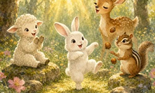 Benny, a small fluffy white rabbit, joyfully dances in the center of a mossy stone circle while Lily, a curly‑wool lamb on the left, applauds, Charlie, a brown‑and‑cream chipmunk on the right, clumsily juggles acorns, and Daisy, a young fawn, stands slightly behind singing; the scene is a sunny forest clearing amphitheater with wildflowers and tall trees filtering golden light, rendered in soft watercolor tones with warm, childlike expressions.