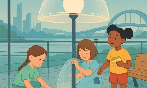 Three girls, ~8: Mira—chestnut bob, pale blue dress, notebook at her belt, kneeling center near a round‑topped lamp she covers with clear film, focused; Lina—fair, braided hair, mint green practical outfit, crouched left holding a small gray grabber and placing a directional ground sign, attentive; Jada—dark skin, bouncy braids, yellow tee and red shorts, standing right eating a colorful sandwich with a mischievous smile while sticking a humorous sticker on a post. On a rooftop skywalk terrace with translucent glass panels reflecting them, a light wood curved bench, a silver shade sail, a row of tall metal lanterns with round glass heads along the edge, discreet rails for a transparent dome and a futuristic skyline with river, curved bridges and small hovering drones. They are testing a rising translucent "Comfort Dome" with peach glowing edges as a fine rain falls and bounces off the dome; they've just adjusted a drone signal line and repaired a cracked lamp—warm golden lantern light, calm collaborative atmosphere; visible details: sticker reading "Thank you for not bonking the lantern," a curved paint tape on the ground, and a small strip of clear film over the glass crack.