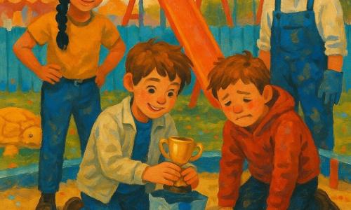 A relieved, focused 10-year-old boy with tousled chestnut hair kneels in the sand, carefully pulling a small gold trophy still in a paper bag stained with blue paint; behind him, about 10-year-old Maya with black braided hair and an encouraging smile but worried brows stands hands on hips watching; beside him, Jasper, ~10, in a slightly dirty red hoodie, ashamed but relieved, crouches with hands in the sand; nearby, middle-aged Mr. Hobb in overalls and gloves with a sleeve stained blue paint stands slightly back, ashamed but relieved; setting: lively schoolyard fair, sandbox with a large yellow plastic turtle, red slide and swing, freshly painted bright blue wooden fence, green grass and confetti; scene: joyful, calming reveal of the trophy found under the plastic turtle in soft late-afternoon light, careful gestures and relieved expressions, centered composition on the trio and trophy, warm colors contrasting with blue paint; style: visible brushstrokes, thick acrylic textures, bright childlike palette, sharp facial and trophy details, slightly blurred background.