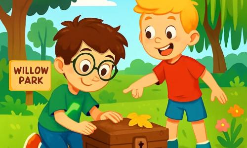 There are two main characters: Eli, an 8-year-old boy with messy brown hair, round glasses, and a green t-shirt featuring a dinosaur. He is crouching, curiously rubbing an old wooden box. Max, also 8, has blonde hair and freckles, wearing blue shorts and a red t-shirt. He stands next to Eli, eyes wide with excitement, pointing at the box. The setting is Willow Park, a lush green park filled with tall grass, large trees with shiny leaves, and a bright blue sky. In the distance, there is an old weeping willow with softly drooping branches, and colorful flowers dot the ground. The main situation shows Eli and Max discovering a mysterious wooden box hidden under golden leaves, both amazed and intrigued, ready to open it to reveal its secret.