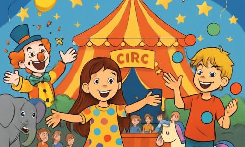O fată de 12 ani, Ana, cu părul lung și brunet și ochi strălucitori de curiozitate, se află în centrul imaginii, zâmbitoare și uimită, cu brațele deschise ca și cum ar dori să îmbrățișeze lumea circului. Poartă o rochie colorată cu buline și adidași confortabili, iar fața ei radiază de bucurie. Lângă ea, un băiat de aceeași vârstă, Luca, cu părul blond și un tricou roșu, face un gest prietenos cu mâna în timp ce jonglează cu bile colorate, arătându-și talentul de acrobat. Un clovn vesel, cu un nas roșu și un zâmbet mare, se află în fundal, aruncând confetti în aer, adăugând o notă de magie scenei. Decorul este al unui circ vibrant, cu un cort mare în dungi roșii și albe, lumini strălucitoare și spectatori entuziaști așezați pe bănci de lemn. Elefanți măreți și cai cu coame colorate sunt vizibili în culise, în timp ce un număr de acrobați se desfășoară în înălțime, creând o atmosferă de sărbătoare. Situatia principală arată cum Ana și Luca se distrează împreună, înconjurați de magia circului, cu baloane plutitoare și stele strălucitoare deasupra lor, capturând spiritul de aventură și camaraderie al acestei zile de neuitat.