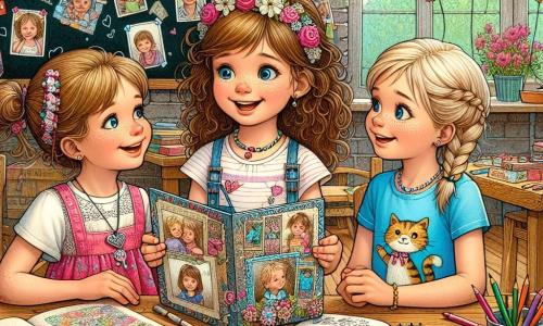 Într-o clasă colorată, trei fete, Maria (8 ani, părul brun și creț, îmbrăcată într-o rochie roz), Ana (8 ani, părul blond și drept, purtând un tricou albastru cu un desen de pisică) și Ioana (8 ani, părul castaniu deschis și împletit, îmbrăcată cu o fustă cu flori), stau în jurul unei mese din lemn. Maria, zâmbitoare, arată cu mândrie un album foto făcut manual, în timp ce Ana și Ioana o privesc cu uimire. Clasa este decorată cu baloane colorate și ghirlande din hârtie, iar pe pereți sunt agățate desene de copii. În fundal, o tablă neagră are mesaje pentru ziua tatălui, iar creioanele colorate sunt împrăștiate pe masă. Fetele pregătesc un cadou special pentru ziua tatălui, înconjurate de o atmosferă veselă și creativă, cu râsete și priviri complice, în timp ce soarele strălucește prin feronerie, iluminând scena.