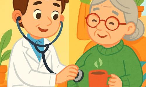 Dr. Ben, a smiling and caring male doctor, wears a bright white coat and a stethoscope around his neck. His brown hair is slightly tousled, and his eyes sparkle with kindness as he attentively listens to Mrs. Green's abdomen. Mrs. Green, an elderly woman around 70, sits in a comfortable chair wearing a green wool sweater and glasses. She has a slight smile, feeling reassured by Dr. Ben's presence. The scene takes place in a cozy home with pastel yellow walls, green plants on the windows, and colorful cushions on the sofa. Sunlight filters through the curtains, creating a soft and welcoming atmosphere. In this main situation, Dr. Ben carefully examines Mrs. Green, who has a slight stomach ache, while offering her a soothing cup of tea. Their faces express trust and warmth, illustrating the special bond between a doctor and his patient.