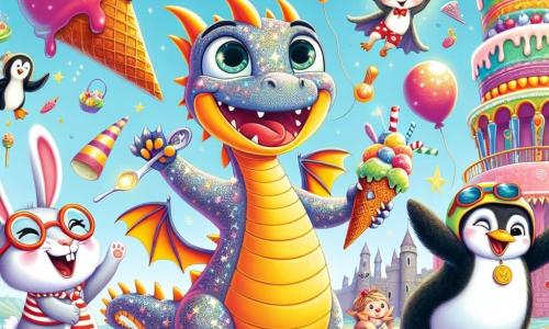 Un piccolo drago dalle squame brillanti come stelle, con grandi occhi pieni di curiosità, si trova al centro dell'immagine, sorridendo entusiasta mentre tiene un enorme gelato colorato tra le zampe. Alla sua destra, un coniglio magico, un grande coniglio con occhiali rotondi e cravatta a righe, salta di gioia, le orecchie che fluttuano nell'aria, mostrando un ampio sorriso di soddisfazione. A sinistra, un pinguino in costume da bagno, con un cappello da sole in testa, scoppia a ridere, le ali sollevate in segno di vittoria, mentre si trova vicino a una torta gigante che straborda di colori vivaci. Lo sfondo è una torre colorata, con finestre a forma di sorrisi e un tetto di gelato, circondata da palloncini fluttuanti e dolci volanti, creando un'atmosfera festosa e gioiosa. La scena principale mostra il drago, il coniglio e il pinguino che celebrano la loro vittoria dopo aver sfidato il Gatto Sorridente in una competizione di dolci, con risate e dolcetti che volano intorno a loro, illustrando lo spirito di avventura e amicizia.