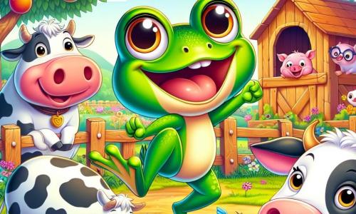 O broască veselă numită Froggy, cu o piele verde strălucitoare și ochi mari și rotunzi, sare cu entuziasm în mijlocul unei ferme colorate, cu un zâmbet larg pe față. Lângă ea, o vacă numită Berta, cu pete albe și negre, o privește pe Froggy râzând, în timp ce un purcel roz numit Pufi, așezat pe iarbă, aplaudă cu lăbuțele lui mici. În fundal, un coteț de găini din lemn și pomi fructiferi cu culori vii, cu flori strălucitoare care dansează în vânt, creează o atmosferă veselă. Scena o reprezintă pe Froggy și prietenii ei pregătindu-se pentru o competiție de sărituri, toți nerăbdători și plini de energie, gata să se distreze împreună în lumina soarelui.