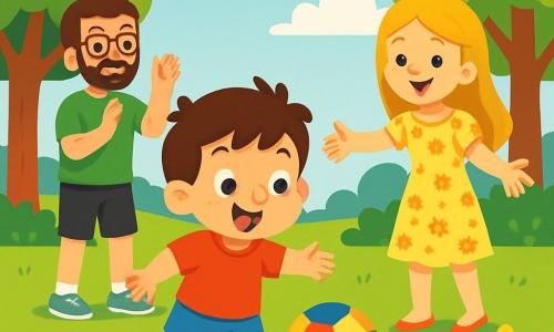 Un bambino di 2 anni, con capelli castani disordinati e un grande sorriso, sta giocando a calcio in un parco. Indossa una maglietta rossa e pantaloni corti blu, mentre osserva la palla con occhi pieni di eccitazione. Accanto a lui, la mamma, una donna di circa 30 anni con capelli lunghi e biondi, sorride e lo incoraggia con le braccia aperte, indossando un vestito leggero a fiori e stando vicino a un cono stradale giallo. Un po' più in là, il papà, un uomo di circa 32 anni con barba corta e occhiali, applaude alzando le mani, vestito con una maglietta verde e pantaloni corti neri. Il parco è verdeggiante, con alberi alti e un cielo blu punteggiato di nuvole bianche. In questa scena, il bambino si prepara a calciare una palla colorata, con un'espressione concentrata e felice, mentre i genitori lo incoraggiano con entusiasmo.