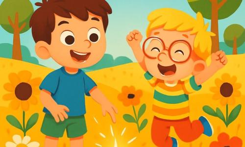 Ci sono 2 personaggi principali: Leo, un ragazzo di 6 anni con capelli castani disordinati e occhi scintillanti, indossa una maglietta blu e un pantaloncino verde, e sorride mentre indica una luce brillante; e Tom, un ragazzo di 5 anni con capelli biondi e occhiali rotondi, indossa una camicia a righe colorate e pantaloni rossi, e salta di gioia con le braccia alzate. La scena si svolge in un magnifico prato dorato, pieno di fiori dai colori vivaci: papaveri rossi, margherite bianche e girasoli gialli. In lontananza, ci sono alberi di zucchero filato e una luce scintillante danza tra i rami. Leo e Tom scoprono la luce brillante della Stella Lucente nascosta tra i fiori, meravigliati e pronti a esplorare il mondo magico che li circonda.
