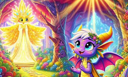 Lila, una pequeña dragona con escamas brillantes de todos los colores del arcoíris, está en el centro de la escena, con los ojos llenos de emoción y una gran sonrisa en su rostro. Lleva una capa dorada que brilla bajo el sol, lista para la aventura. A su derecha, la Gran Estrella, una criatura luminosa con alas centelleantes y un rostro amable, flota en el aire, mostrando una expresión alentadora. Ella ilumina el camino con su luz dorada. El escenario es un magnífico Bosque Encantado, lleno de árboles con troncos retorcidos y hojas multicolores, con flores brillantes que resplandecen como gemas. Rayos de sol atraviesan el follaje, creando sombras danzantes en el suelo. Lila se prepara para elegir uno de los tres caminos mágicos que se extienden ante ella, cada uno rodeado de misterio y promesas de aventuras. El aire está lleno de una atmósfera de emoción y magia, mientras ella duda, con el corazón latiendo, ante esta importante decisión.