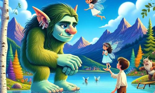 Un troll llamado Grom, grande y peludo, con piel verde y ojos azules profundos, muestra tristeza en su rostro. Se encuentra al borde de un lago cristalino, con lágrimas en los ojos, mientras mira a una pequeña hada de alas brillantes, llamada Estrella. Estrella, una niña con cabello plateado y un vestido hecho de pétalos de flores, flota sobre el agua, su rostro refleja una suave melancolía. A su lado, un niño llamado Lucas, de unos 10 años, con cabello castaño despeinado y una sonrisa alentadora, extiende la mano hacia Estrella, listo para contarle un chiste y hacerla reír. El lugar es un paisaje encantador, con majestuosas montañas al fondo, árboles de colores vivos y un cielo azul salpicado de nubes esponjosas. La situación principal muestra a Grom, Lucas y Estrella reunidos al borde del lago, buscando juntos romper el hechizo de tristeza que pesa sobre Estrella, con Lucas listo para contar un chiste y traer alegría.