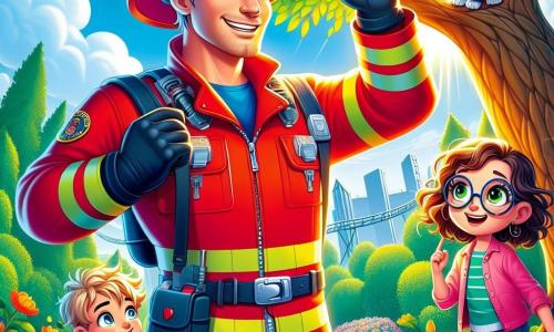 Um bombeiro, um homem de sorriso caloroso e olhos brilhantes, veste um uniforme vermelho vivo e um capacete brilhante. Ele está levantando os braços, pronto para subir em uma grande árvore, com uma expressão determinada e amigável no rosto. Ao seu lado, Ana, uma menina de 8 anos com cabelos castanhos e cacheados, observa com admiração, com as mãos na cintura, enquanto Lucas, um garoto de 7 anos com óculos redondos, aponta para o gato preso nos galhos. O parque é verdejante, com árvores majestosas, flores coloridas e um céu azul brilhante. No centro da imagem, um pequeno gato preto, assustado, está empoleirado em um galho, miando suavemente, enquanto o bombeiro e as crianças se preparam para ajudá-lo.